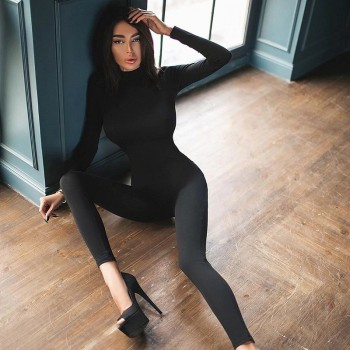 2020 Spring Fall Women Same Style Jumpsuit Fashion One Piece Outfits Sexy Long Sleeve Black White Bodycon Rompers